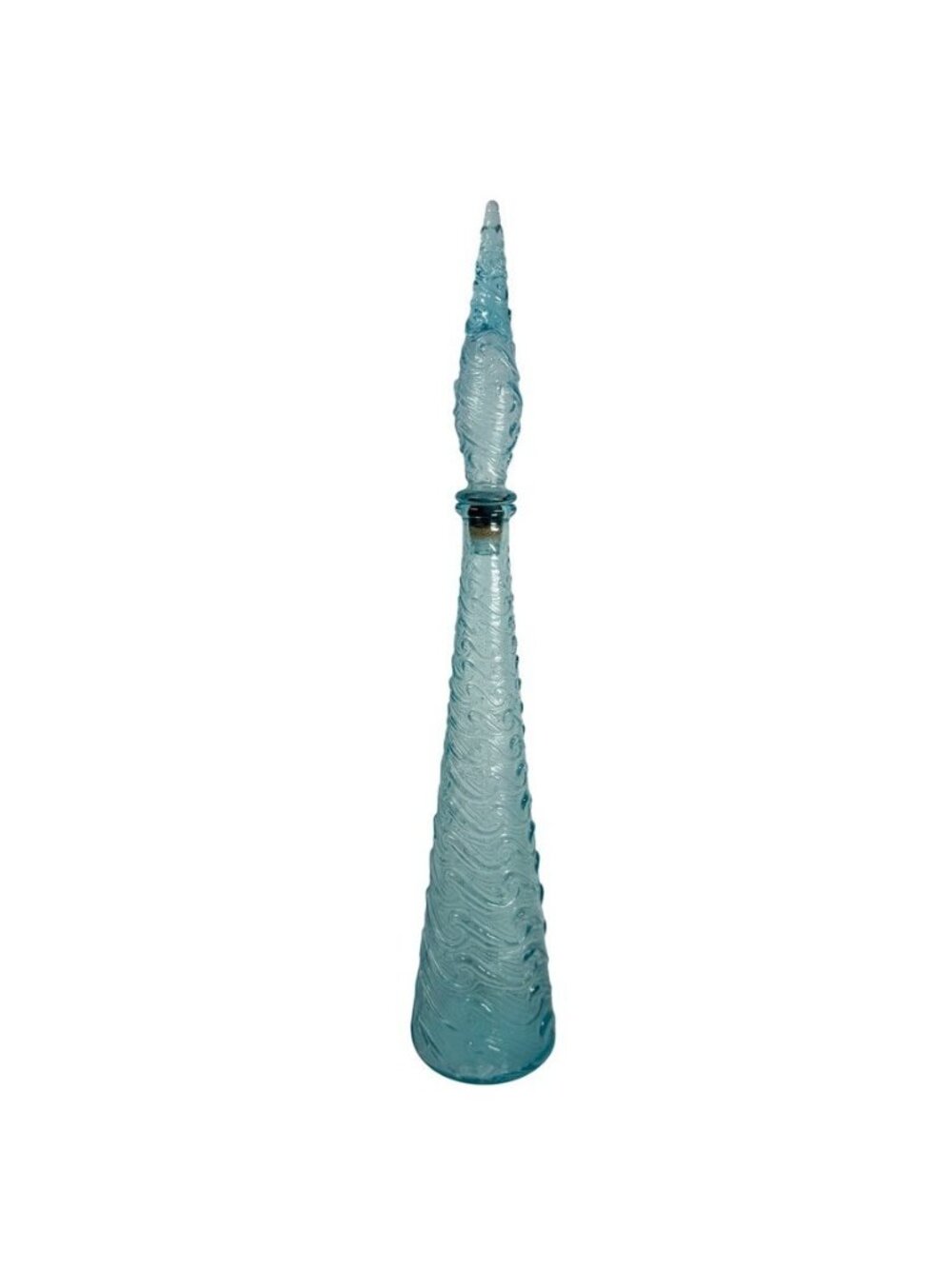 Vintage Italian Empoli Ice Blue Glass Waves Genie Bottle With Stopper 22"